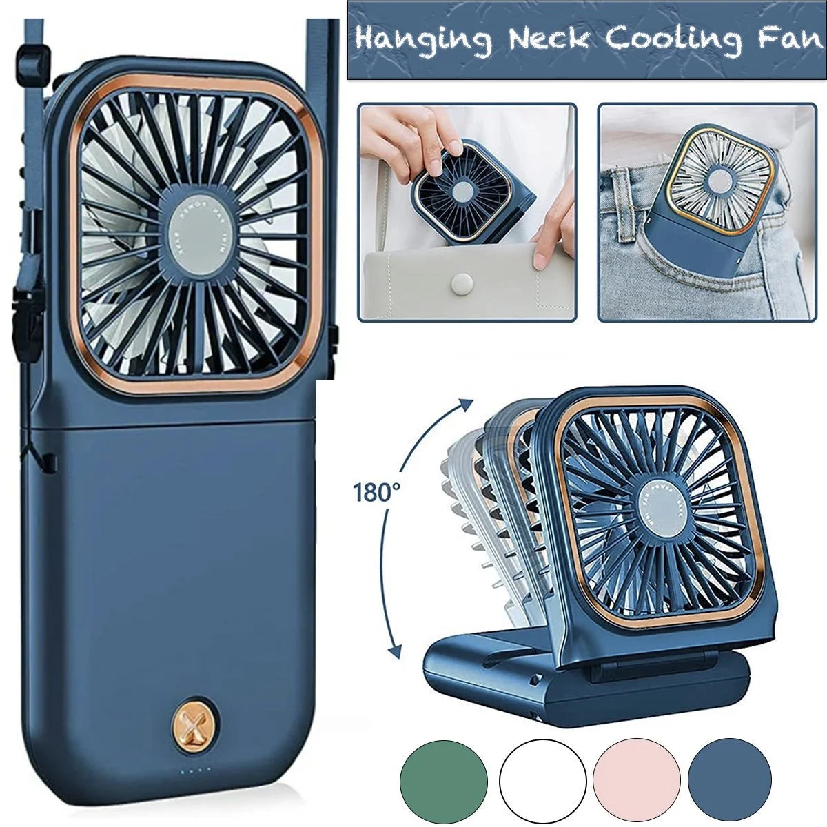 Portable USB Rechargeable Mini Quiet Handheld Fan with Neck Lanyard, Phone Holder, Handheld Fan, Desk Fan, Neck Fan, 3 Speed Adjustable Fan