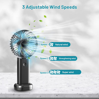 Portable Handheld Mini Fan, Neck Fan, 3000Mah Desk Fan, 180° Adjustable, 3 Speed Wind, USB Rechargeable Foldable Fan, Quiet Personal Fan with Power Bank - Black