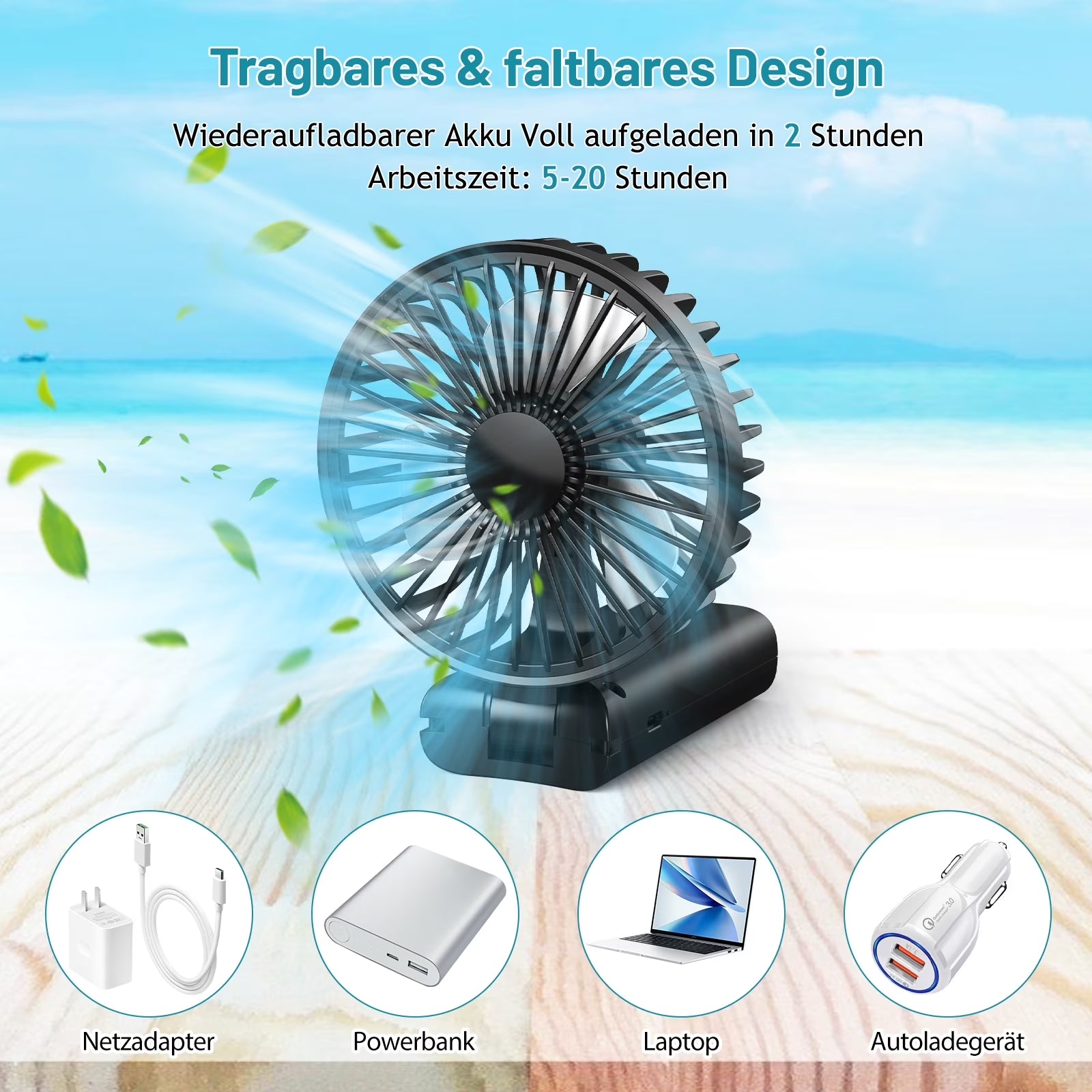 Portable Handheld Mini Fan, Neck Fan, 3000Mah Desk Fan, 180° Adjustable, 3 Speed Wind, USB Rechargeable Foldable Fan, Quiet Personal Fan with Power Bank - Black