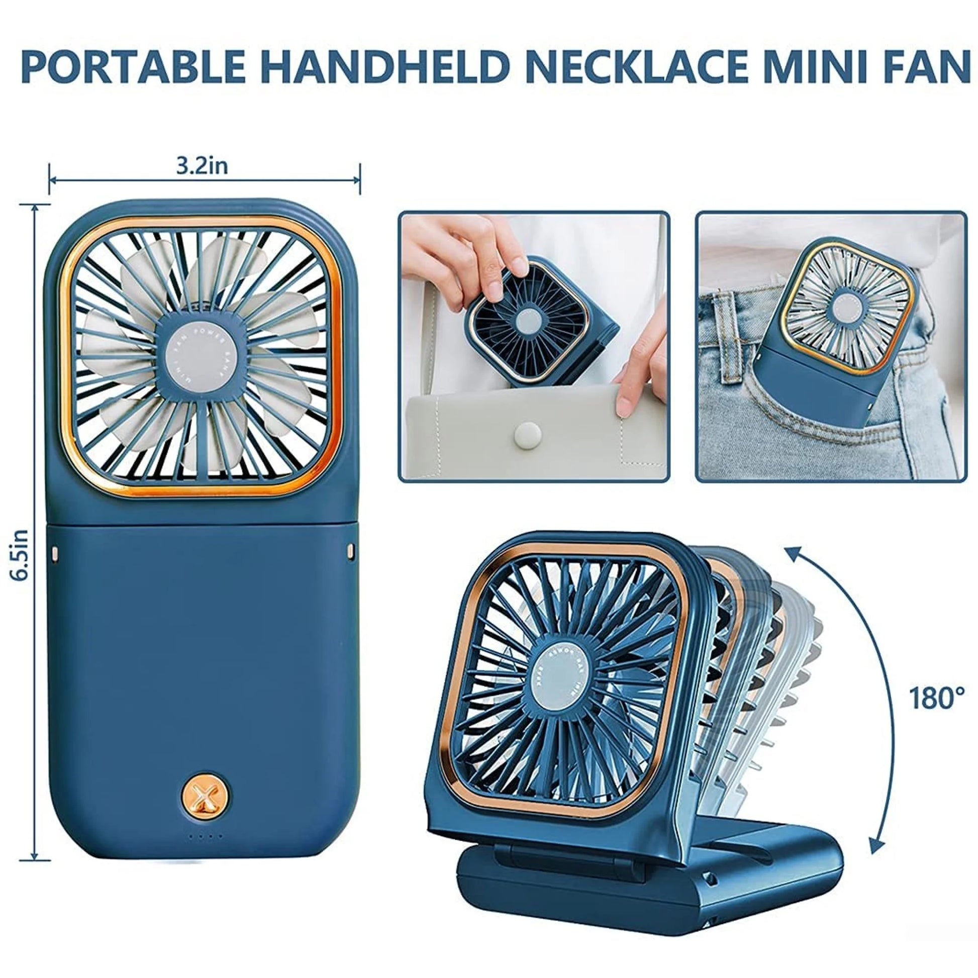 Portable USB Rechargeable Mini Quiet Handheld Fan with Neck Lanyard, Phone Holder, Handheld Fan, Desk Fan, Neck Fan, 3 Speed Adjustable Fan