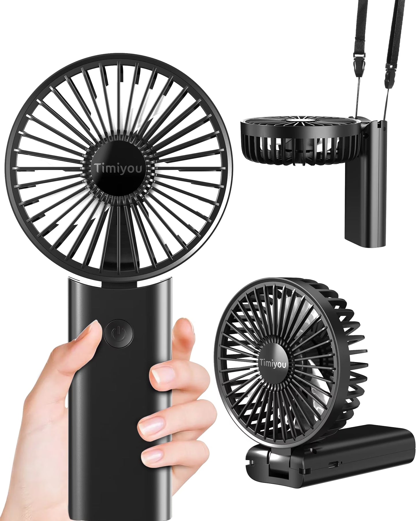 Portable Handheld Mini Fan, Neck Fan, 3000Mah Desk Fan, 180° Adjustable, 3 Speed Wind, USB Rechargeable Foldable Fan, Quiet Personal Fan with Power Bank - Black