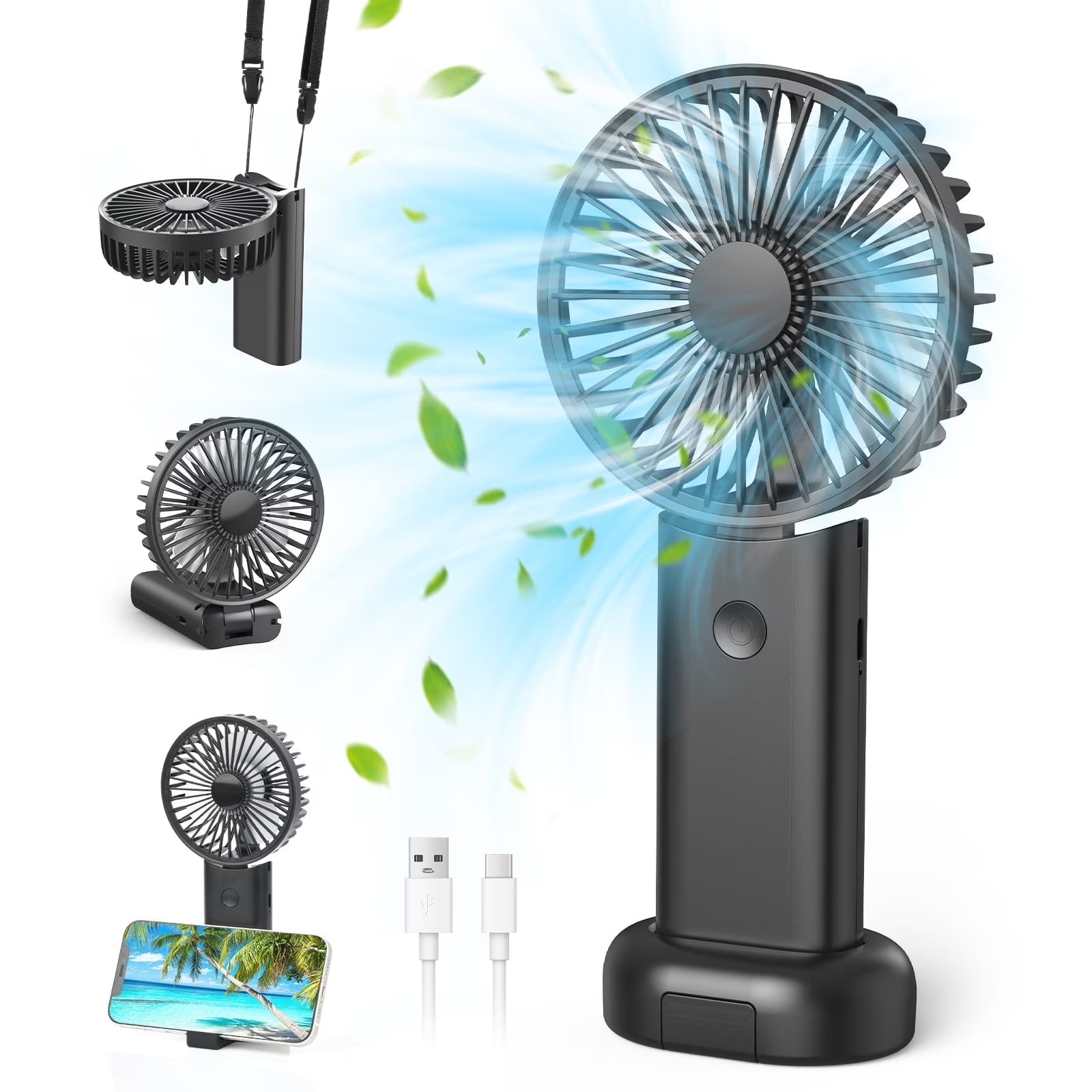 Portable Handheld Mini Fan, Neck Fan, 3000Mah Desk Fan, 180° Adjustable, 3 Speed Wind, USB Rechargeable Foldable Fan, Quiet Personal Fan with Power Bank - Black