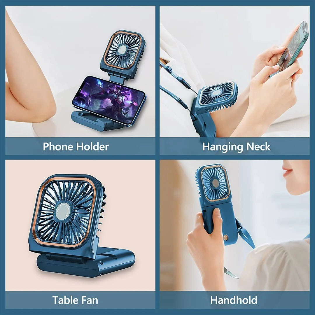 Portable USB Rechargeable Mini Quiet Handheld Fan with Neck Lanyard, Phone Holder, Handheld Fan, Desk Fan, Neck Fan, 3 Speed Adjustable Fan
